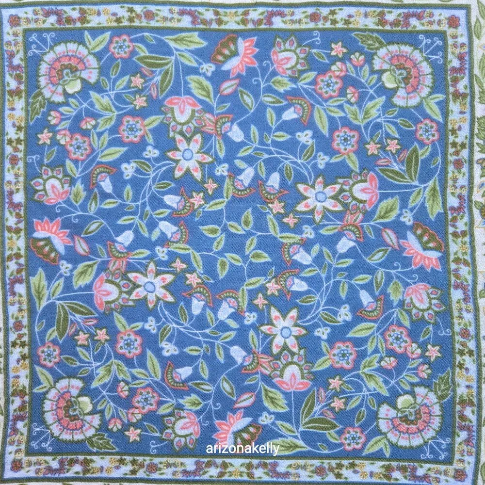 Square Wool Blue Scarf With Leaves and Flowers